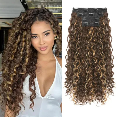 Produktbild von Clip-in Haarverlängerungen 4-teilig 50 cm lockig Dunkelgoldbraun mit Strähnchen Proteinseide