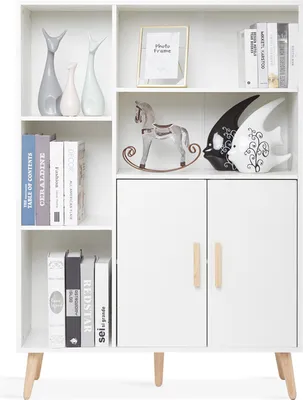 Image de Sideboard, armoire de stockage avec 2 portes et 5 compartiments, cloisons réglables, bois, style moderne minimaliste, pour le salon, la chambre à coucher, la cuisine