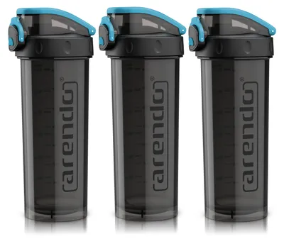 Produktbild von Arendo Proteinshaker 3er Set 800 ml mit Mischkugel, Trinkhalm und Skala in ml und oz, Schraubverschluss mit Silikondichtung, Eiweiß-Mixbecher, 3 Stück, schwarz-grau