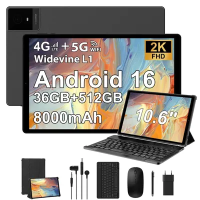 Produktbild von Android 16 Tablet mit 36GB RAM+512GB ROM TF 1TB 4GLTE+5G WiFi IPS 2000×1200 8000mAh Octa-Core 13MP+8MP Widevine L1 BT 5 GPS GMS Tablet mit Tastatur Schwarz