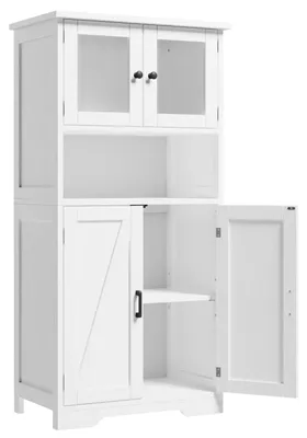 Image de Armoire de rangement - Armoire sur pied - Avec portes - Étagères réglables - En bois - Style moderne et minimaliste - Pour la salle de bains, le salon ou le bureau - Blanche