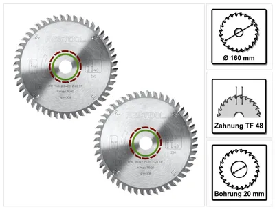 Image de Festool LAMINATE/HPL TF48 Lame de scie circulaire, 160 mm, 48 dents, 2 pcs. (2x 496308)