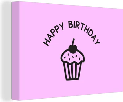 Zdjęcie produktu dla OneMillionCanvasses® - Wydruki na płótnie - 140x90 cm, cytat "Happy Birthday" z babeczką na różowym tle, grafika ścienna dekoracja ścienna - zdjęcie na płótnie -