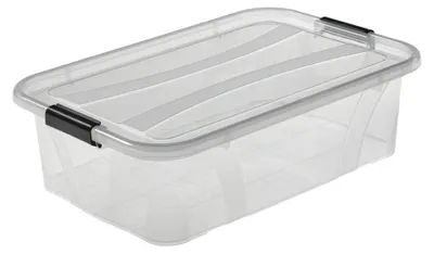 A clear plastic storage box with black latches is shown from a slightly elevated side angle on a white background.