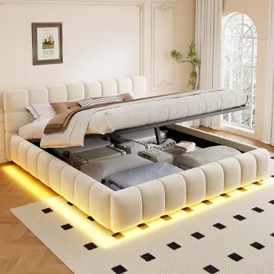 Produktbild von Merax Polsterbett 160×200cm mit LED-Lichtleiste, Bettgestell mit hydraulischem Stauraum, Doppelbett mit voluminösem Kopfteil aus Samtstoff, Beige