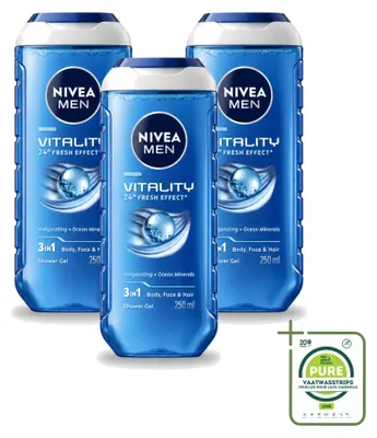 Immagine prodotto di 3 confezioni di gel doccia Nivea Men Vitality 3-in-1, 250 ml ciascuna - confezione grande - 3 pezzi