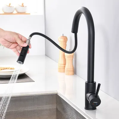 A person is using a black kitchen faucet with a pull-out sprayer to rinse a plate over a sink.
