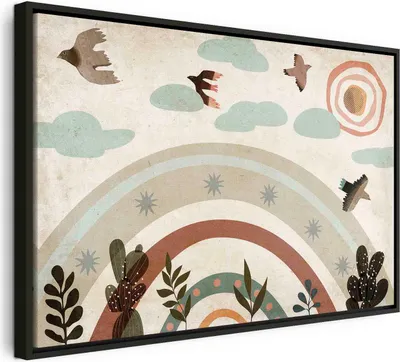 Produktbild von Italienischer Leinwand Leinwandbild - Rainbow and Sun Above - Birds in Subdued Colors Flying Among Clouds Above a Rainbow and Various Plants on a Light Background 60x40 cm Für Kinder e-C-10065-b-a
