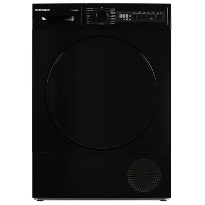 A front view of a black Telefunken tumble dryer.