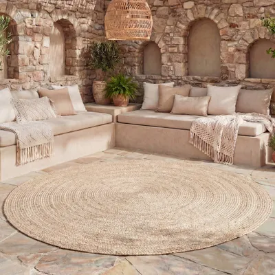 Produktbild von Volero - Outdoor Jute Teppich Rund - Bali Beige - Ø 160 cm - Wohnzimmer, Esszimmer, Balkon, Garten, Terrasse - Boho, Ländlich