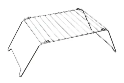 A silver wire grill rack with folding legs, shown from a slightly elevated side angle against a white background.