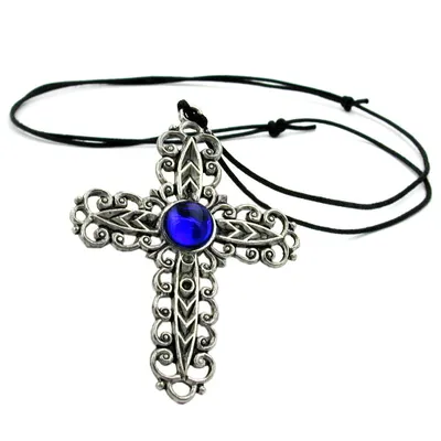 Produktbild von Kette 74x57mm Zinn-Anhänger Kreuz mit Glasstein blau-safir 110cm silbrig 74x57mm