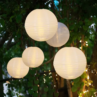 Produktbild von Lampions außen warmweiß 5er Set mit Batterie /Fernbedienung 2x25 / 3x20cm 150872