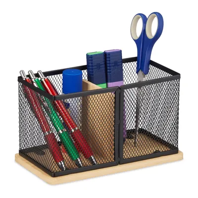 Image de Porte-crayons Relaxdays, bambou et maille, H x l x P : 11 x 19 x 10 cm, pot à crayons de bureau, porte-crayons, noir/naturel