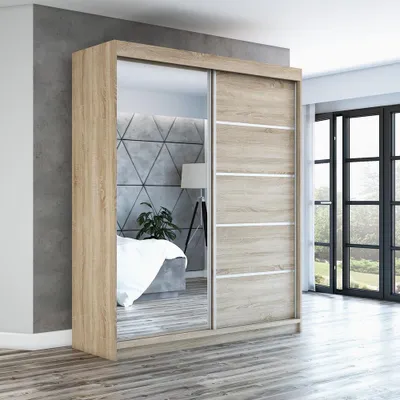 Produktbild von Schwebetürenschrank GAP 180 cm 2-türig Schrank mit Spiegel. Farbe: Sonoma