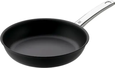 A black frying pan with a silver handle is shown against a white background.