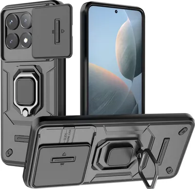 Immagine prodotto di Custodia per Xiaomi Redmi K70 / K70 Pro a doppio strato con protezione scorrevole della fotocamera e supporto ad anello, supporto nero