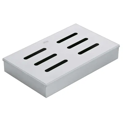 A stainless steel smoking box with slots on top, shown from a diagonal angle on a white background.