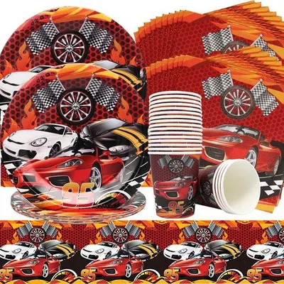 Immagine prodotto di Set per festa con auto da corsa - 61 pezzi - Decorazioni con auto da corsa - Per bambini