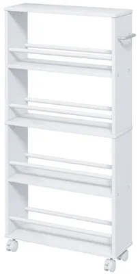 Image de Chariot blanc étroit 45 x 15 x 91 cm à 4 étages, avec poignées et rangements, pour la cuisine ou le salon