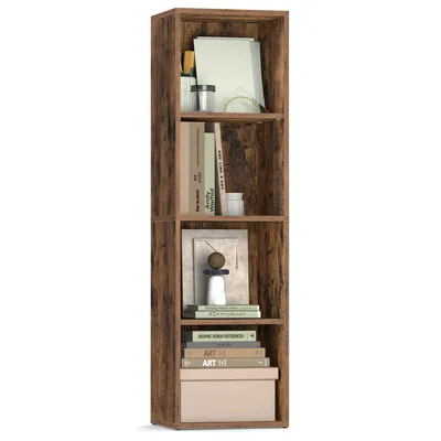 A tall, narrow, four-shelf bookshelf with a rustic wood finish, filled with books and decorative items.
