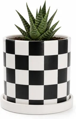 Productafbeelding van Keramische plantenbak met drainagegat en schotel, zwart-wit plantenbakdecoratie, ronde plantenbak voor binnen (zwart, klein)