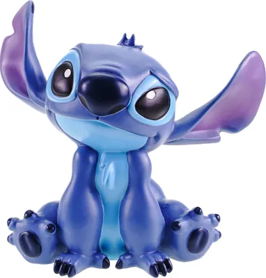 A blue Stitch figurine is sitting on a white background.