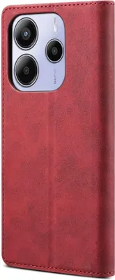 A red leather flip case for a smartphone is shown.