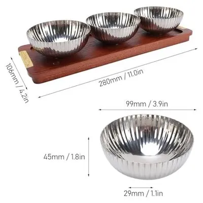 Imagen del producto de Juego de cuencos para servir aperitivos de acero inoxidable con bandeja de madera