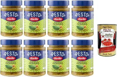 Produktbild von Barilla Pesto Basilico e Pistacchio Condimento e Sugo per Pasta Basilikum-Pistazien-Pesto-Gewürz und Pastasauce 8x190 g+ Italian Gourmet polpa 400g