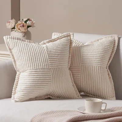 Productafbeelding van Kussensloop, corduroy, decoratieve kussens, sofa kussens, 60 x 60 cm, 2 stuks, beige