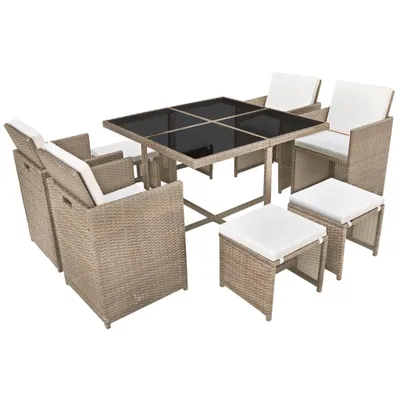 Produktbild von 9-tlg. Garten-Essgruppe mit Auflagen Poly Rattan Beige