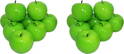 Two groups of artificial green apples are arranged on a white background.