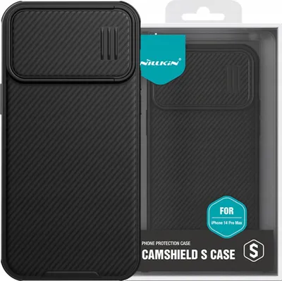 A black Nillkin CamShield S case for an iPhone 14 Pro Max is shown in its packaging.