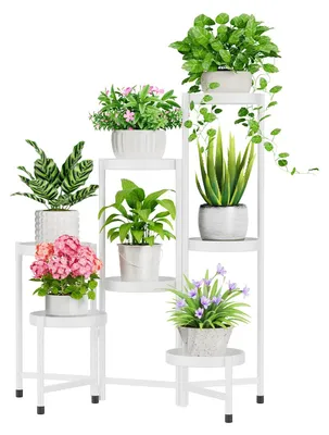 Productafbeelding van Metalen plantenstandaard met 7 niveaus, bloempotstandaard, meerlaags plantenrek, bloemenrek, plantenrek voor in de hoek, geschikt voor woonkamer, balkon, terras, tuin (rond, wit)