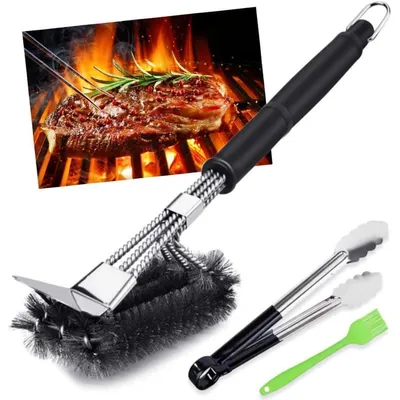 Productafbeelding van Grillborstel, gietijzeren rooster, roestvrijstalen borstels. Grillborstel, 3 stuks