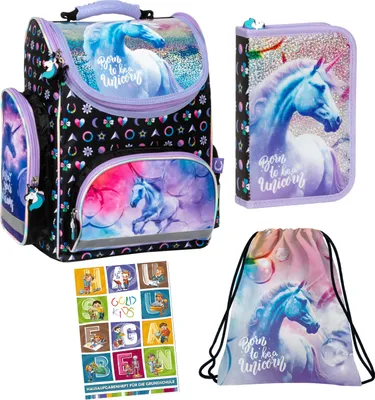 Produktbild von Schulranzen für Jungen und Mädchen - Schul-Rucksack für Kinder mit Schuhbeutel Federmäppchen mit Ausstattung- Hausaufgabenheft - Einhorn Motiv