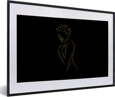 Produktbild von MuchoWow® Gerahmtes Poster Frau - Schwarz - Gold - Strichzeichnung 60x40 cm - Poster mit Schwarzem Bilderrahmen Wandposter Rahmen Foto Bilder - Schlafzimmer - Plakat in Rahmen - Drucken