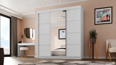 Produktbild von 200 cm Breit Kleiderschrank Mono 3-türig Garderobe mit Spiegel Schwebetürenschrank mit Schubladen, Farbe: Weiß