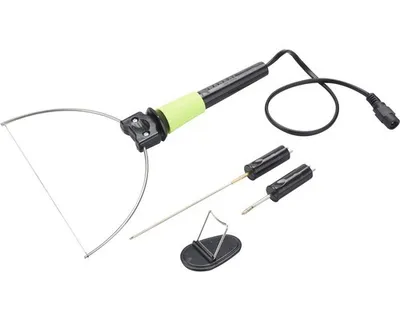 A styrofoam cutter and its accessories are displayed against a white background.
