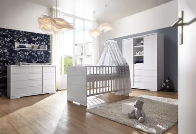 Produktbild von Schardt Kinderzimmer 3-teilig Maxx White bestehend aus, Kombi-Kinderbett 70x140 cm inklusive Umbauseiten, Wickekommode mit Wickelaufsatz und 2-türiger Kleiderschrank mit Mittelregal - Farbe: Weiß, 11 864 52 02