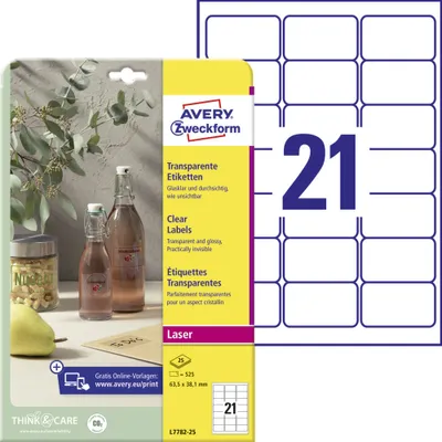 Produktbild von Avery Zweckform L7782-25 Transparente Etiketten, A4, 63,5 x 38,1 mm, 25 Bogen/525 Etiketten, transparent