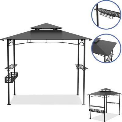 A black metal grill gazebo with a gray double roof and side shelves, shown against a white background. Insets show close-ups of the roof and shelving details.