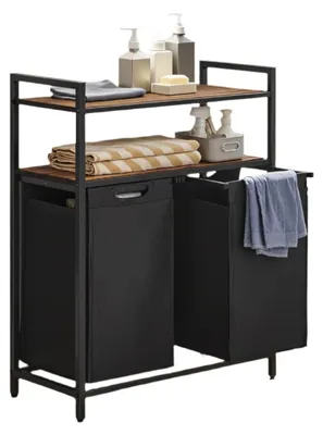 Produktbild von Wäschekorb mit 2 Fächern, ausziehbare Regale, 73x33x91 cm, Vintage Braun-Schwarz