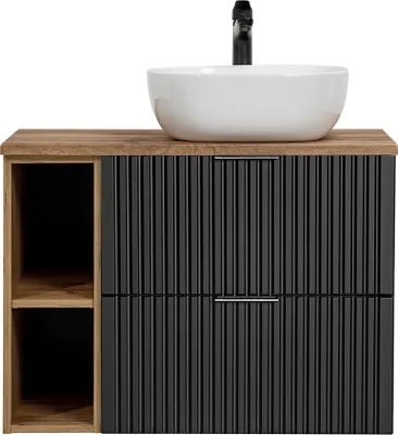 Produktbild von Badmöbel Waschtisch Set Unterschrank ADELAIDE-56-BLACK matt schwarz gerillt mit Wotan Eiche Nb., 42cm Keramik-Waschbecken, 2 Softclose-Schubkästen, B/H/T 80,6/73,7/46,5 cm