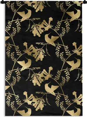 Produktbild von MuchoWow® Wandteppich Wandbehang Muster - Vögel - Gold 60x90 cm Tapisserie Dekoration Wandtuch - Foto-Teppich - Abwaschbar