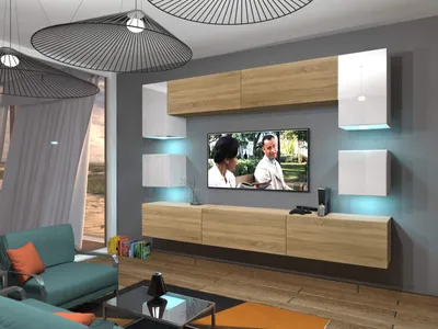 Produktbild von Furnitech Wohnwand Wohnzimmer - Wohnzimmer Möbel mit LED Blau - Hängend Wohnwand Modern - Wohnzimmer Schrankwand(Nowara AN1-17WS-HGM40 1B)