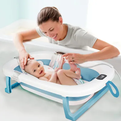 Image de Baignoire pour bébé Pliable avec thermomètre et coussin Baignoire pour bébé 80 cm Bleu