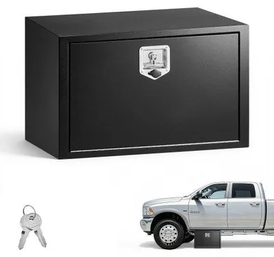 Obrázok produktu pre VEVOR, úložný box pod nákladné vozidlo, 762 x 457 x 457 mm, robustný oceľový úložný box na príves, s zámkom a kľúčmi, vodotesný, úložný box pod podvozok s T-držiakom, vhodný pre nákladné vozidlá, dodávky, SUV, čierna farba