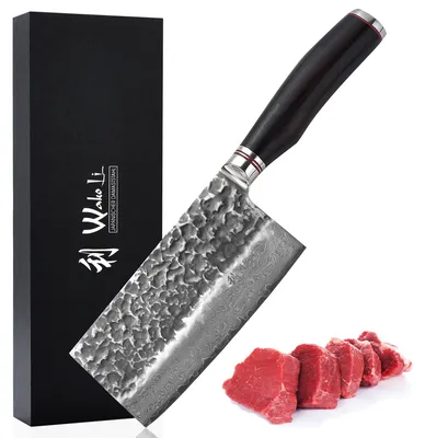 Produktbild von Wakoli EBO Damast Kochmesser Chai Dao I 18 cm Klinge I schwarzer Eichenholzgriff